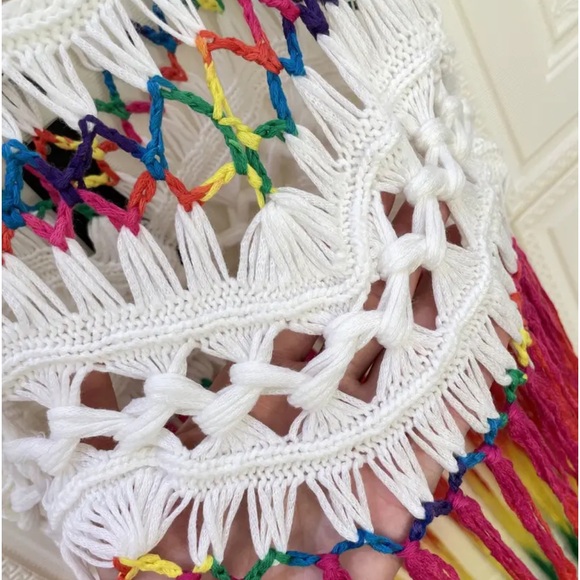 White Rainbow-Color Boho Tassel Beach Cover-Up Dress - Picture 10 of 11